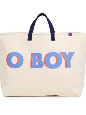 ISO (IN SEARCH OF) - KULE Cream Canvas Tote with Blue and Red 'O BOY' Graphic